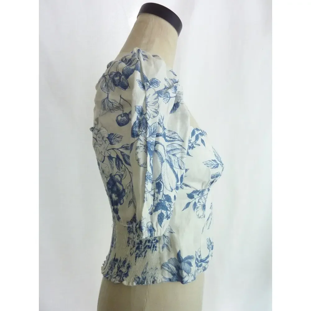 Reformation Rome Linen Top 2 Womens White Blue Floral Grape Blouse Bustier Puff